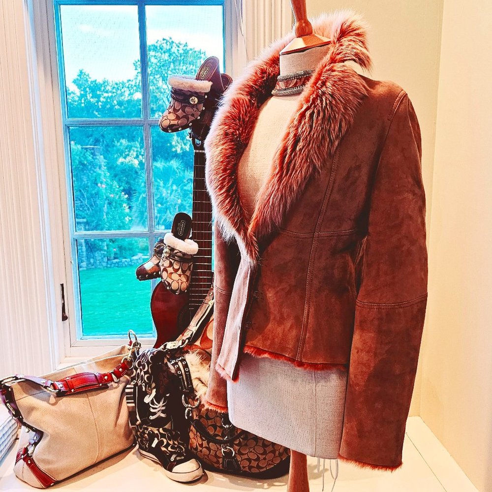 Elie Tahari Suede Jacket with Faux Fur Collar